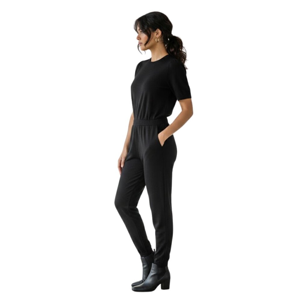 MONROW Women’s Short Sleeve Jumpsuit Black Soft Knit Casual Lounge – Size S